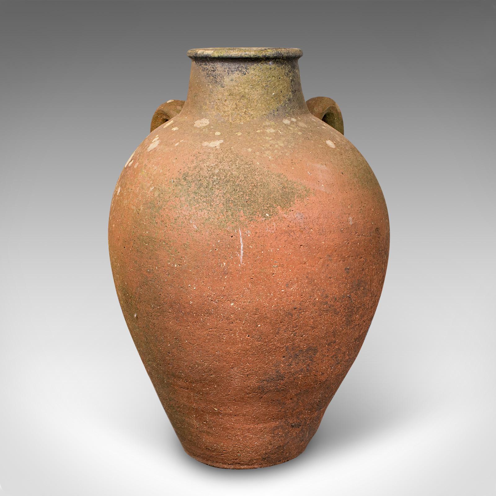 Il s'agit d'un ancien planteur d'olives. Urne de jardin italienne en terre cuite, datant de la fin de la période victorienne, vers 1900.

Un charme continental délicieusement patiné par le temps, avec une influence romaine évocatrice.
Fabriqué à la