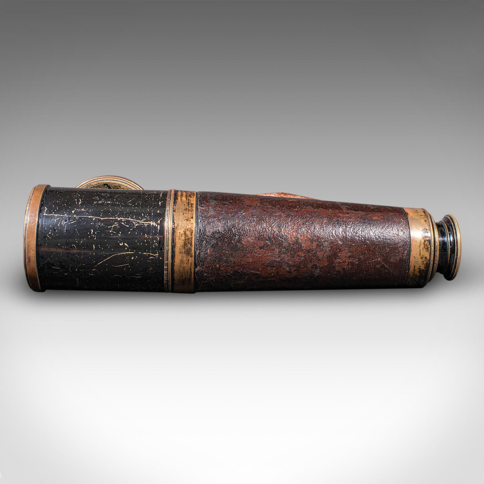 Édouardien Grand télescope antique à 3 tiroirs, irlandais, en laiton, en cuir, terrestre, édouardien en vente