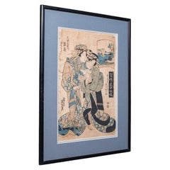 Antique Woodblock Picture, Japanese Framed Ukiyo-e Print, After Eisen, Victorian