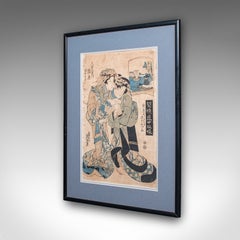 Antique Woodblock Picture, Japanese Framed Ukiyo-e Print, After Eisen, Victorian