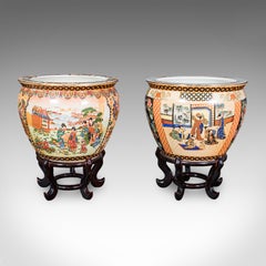 Vintage Planter on Stand Duo, Japanese, Ceramic Fishbowl Jardiniere, Art Deco