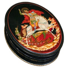 Vintage Oval Keepsake Box, Russian, Lacquered Trinket Case, St George, Art Deco
