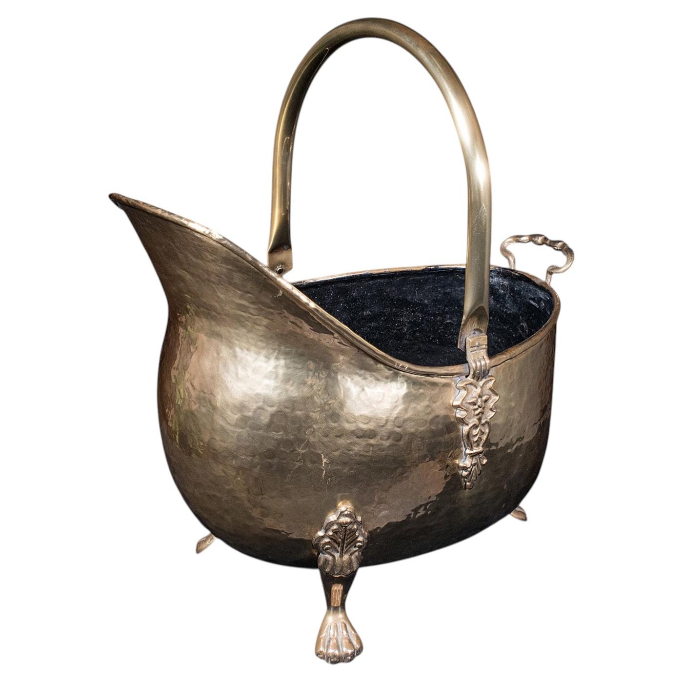 Antique Fireside Coal Bucket, English, Brass, Fireplace Scuttle, Keeper, Regency For Sale