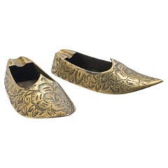 Pair of Small Vintage Slipper Ashtrays, Indian Brass Cigarette Rest, Mid Century