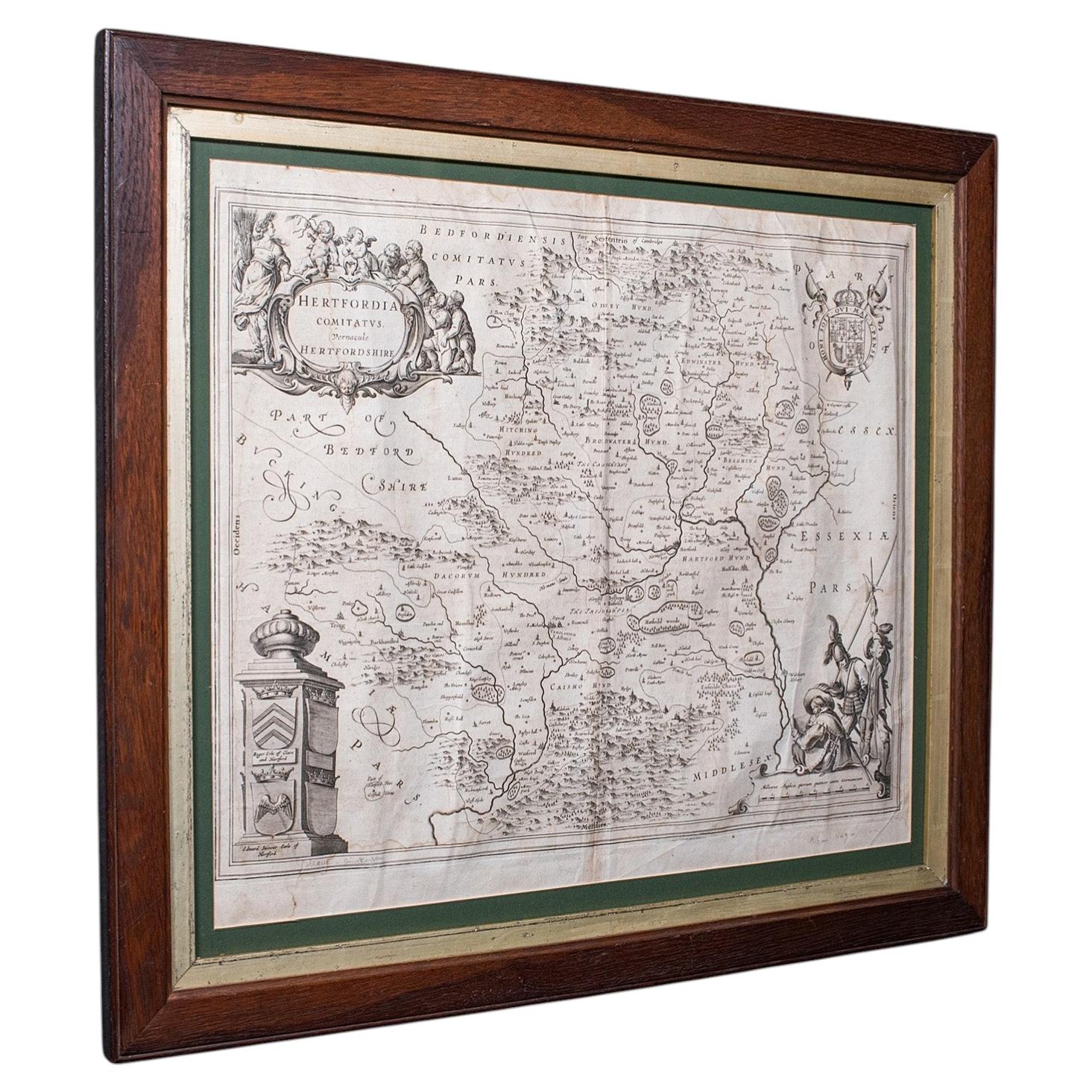 Antique County Map, Hertfordshire, Dutch, Framed Cartography, Blaeu, Carolean