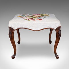 Tabouret de cheminée ancien, anglais, broderie au point de croix, noyer, tabouret, début de l'époque victorienne
