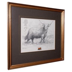 Vintage Highland Cow Artist's Proof, English, Framed, Stamp Art, Barry Driscoll