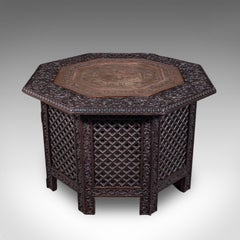Antique Veranda Tea Table, Indian, Copper Inset, Benares, Occasional, Victorian