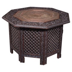 Antique Veranda Tea Table, Indian, Copper Inset, Benares, Occasional, Victorian