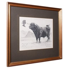 Vintage Stamp Proof Sketch, English, Barry Driscoll, Welsh Black Bull, Framed