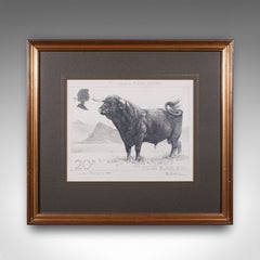 Vintage Stamp Proof Sketch, English, Barry Driscoll, Welsh Black Bull, Framed