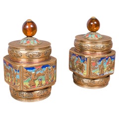 Pair of Small Antique Champleve Tea Caddies, Oriental Spice Pot, Edwardian, 1910