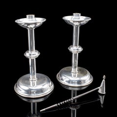 Pair of Vintage Candlesticks, English, Silver Plate, Snuffer Tool, Mid Century