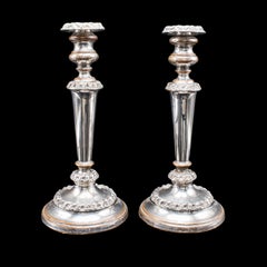 Pair of Antique Old Sheffield Plate Candlesticks, English Candle Nozzle, Regency
