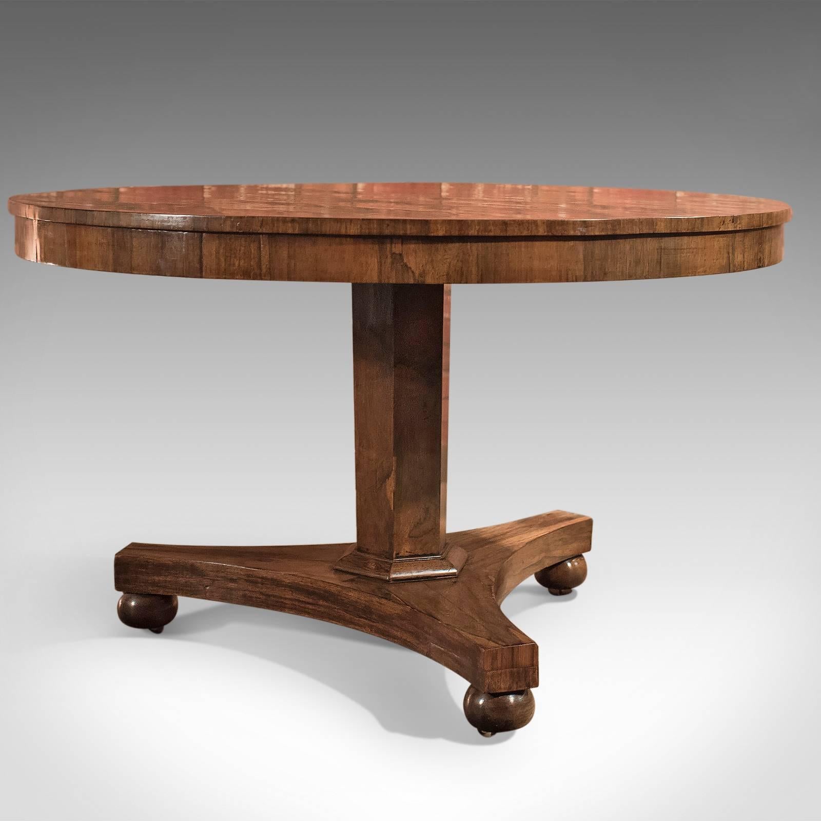 This is a Regency antique breakfast table dating to circa 1820 of good proportion. 

Fabulous grain detail in the bookmatched rosewood top
Desirable aged patina with honest wear consistent with age
Crossbanded rosewood apron

Raised on