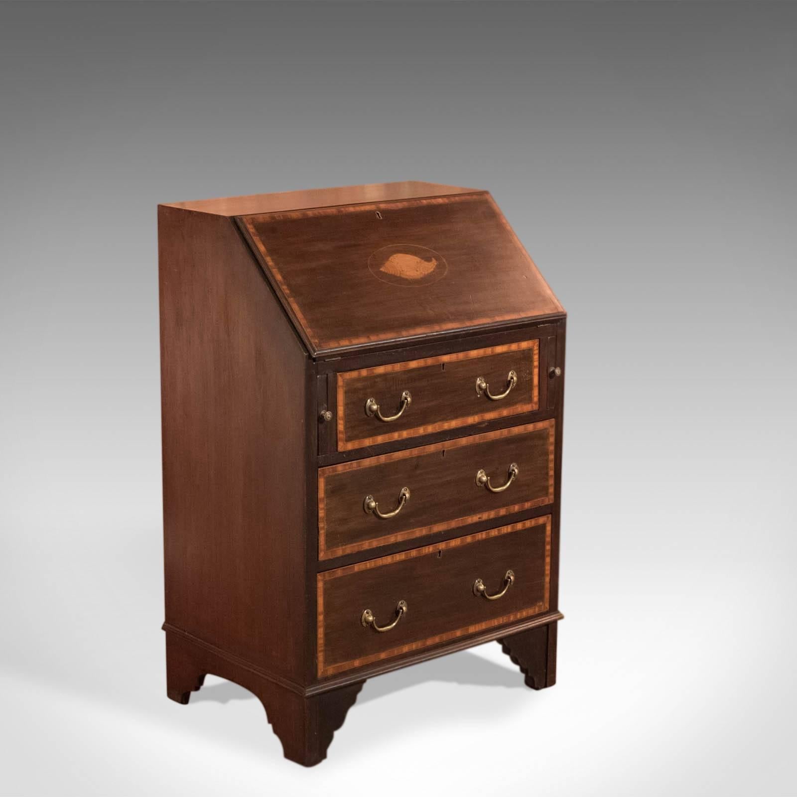 This is an antique, Edwardian bureau dating to circa 1910.

Raised on bracket feet this compact bureau is finished in a deep, russet mahogany with good graining and consistent color.

The locking fall is decorated with an inlaid conche motif and