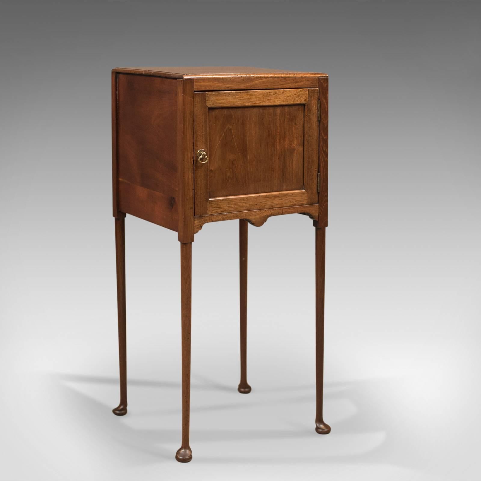 This is a beautifully proportioned antique bedside cabinet dating to the late Georgian period, circa 1780.

Crafted in a quality mahogany with good grain detail
Raised on slender tapering legs
Standing upon pad feet
Shaped apron beneath