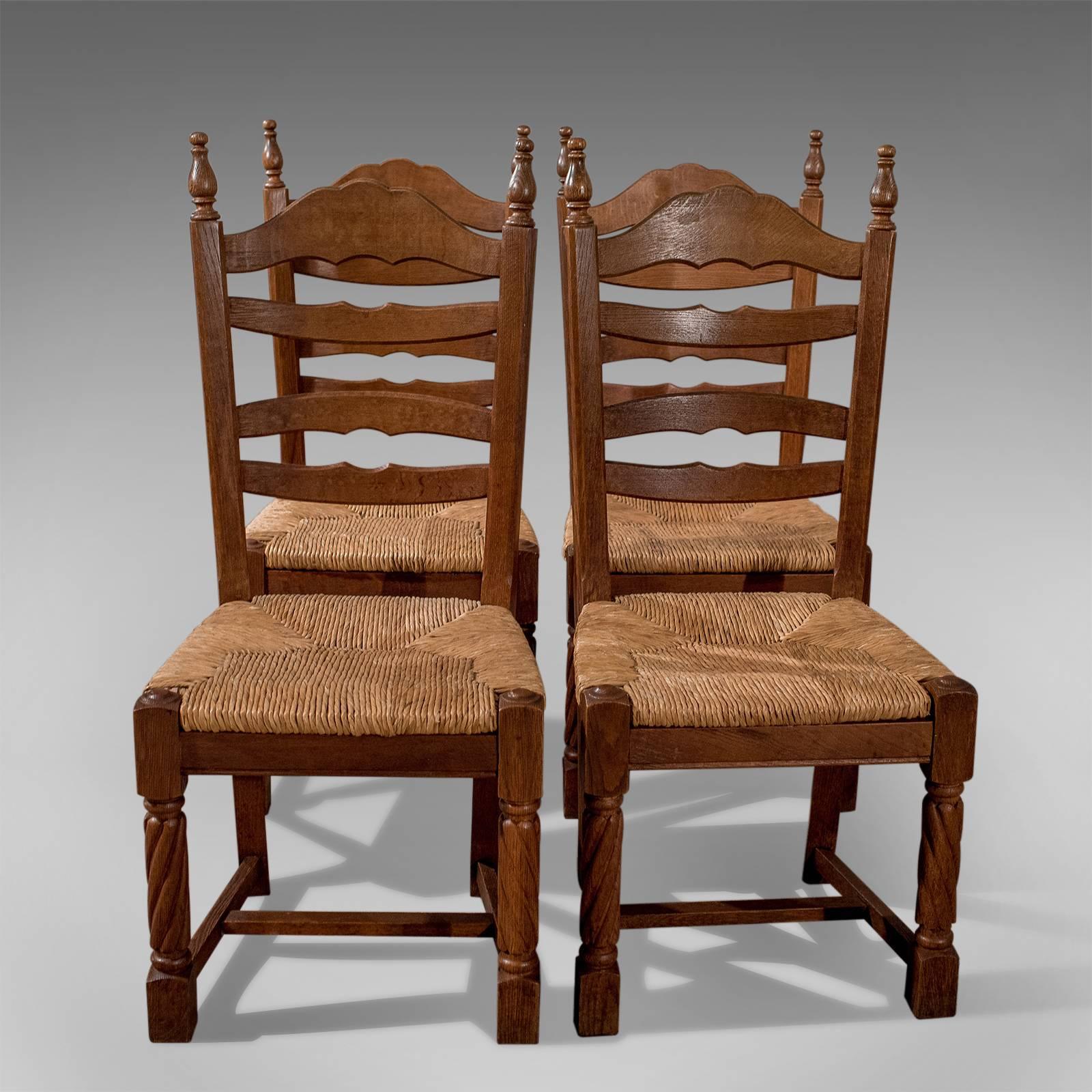 Quality Set of Four French Solid Oak Country Kitchen Dining Chairs Rush Seats 1