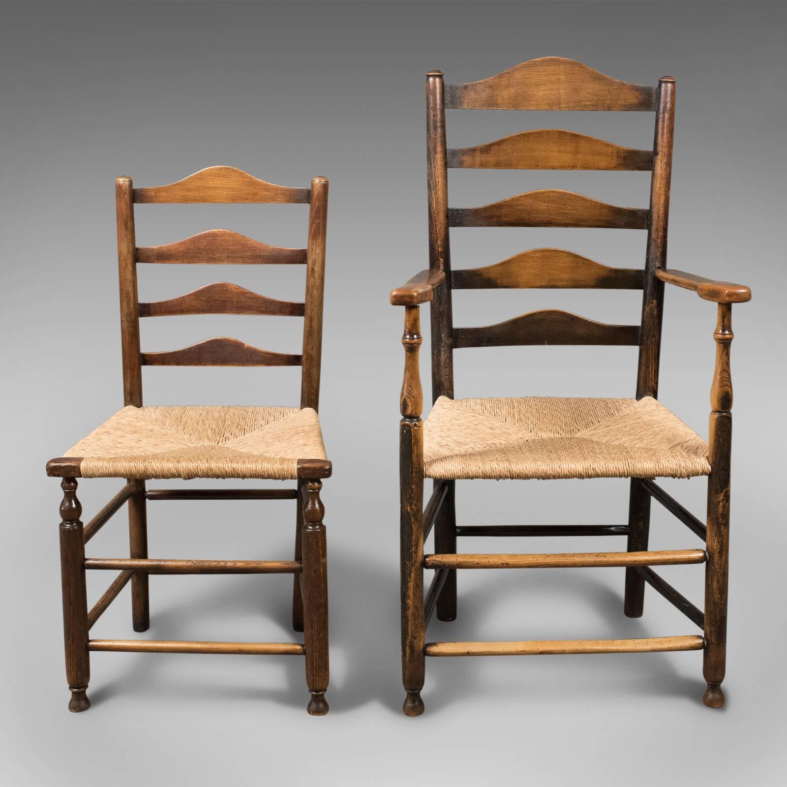 This is a set of eight antique dining chairs, English ladderbacks dating to the middle of the 19th century, Shaker, circa 1850. The set displaying minor variation.

Beautifully made in solid, English oak
Displaying excellent colour, grain