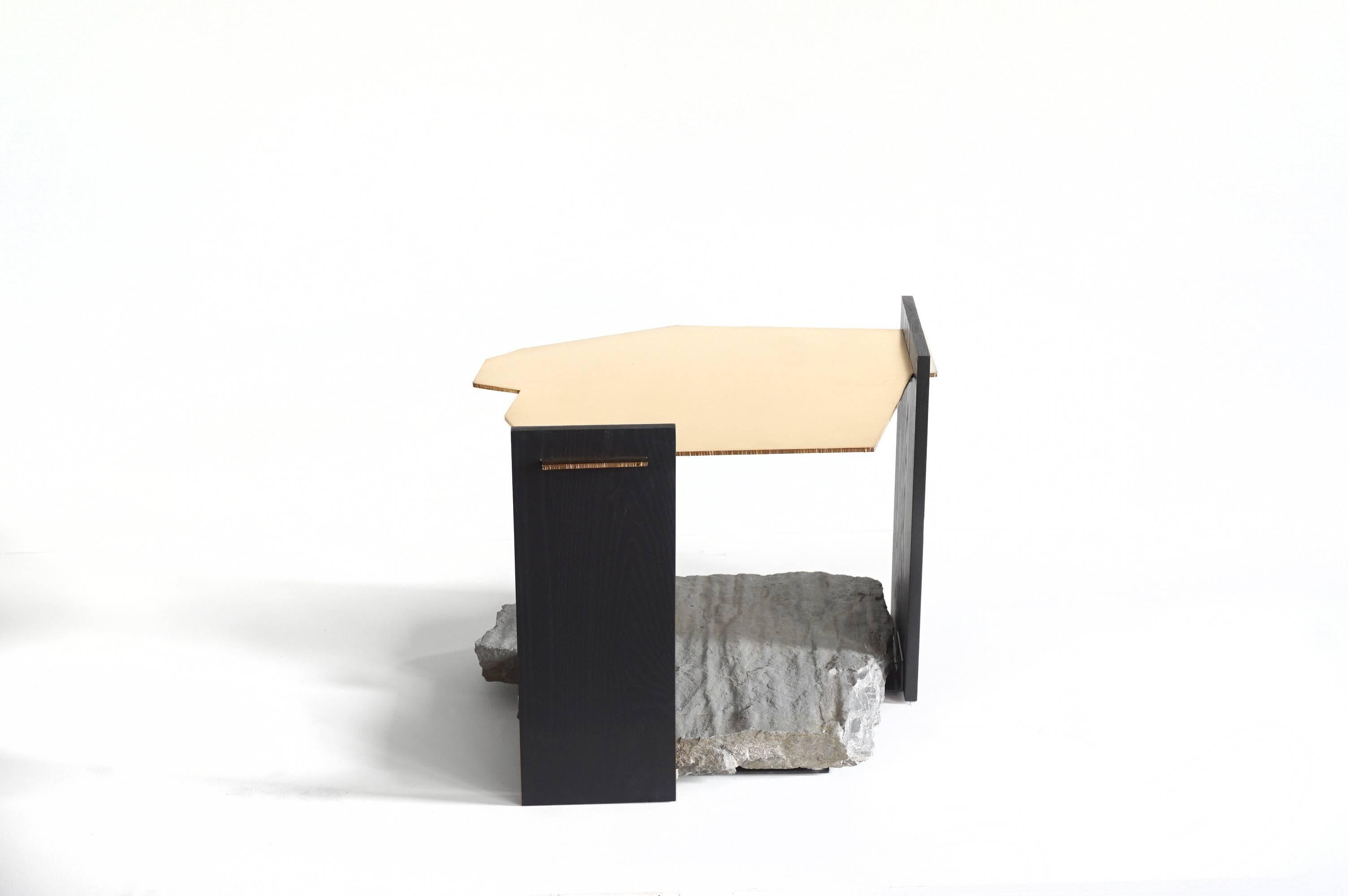 Post-Modern Missisquoi 02 Side Table, in Gold Plating, Natural Stone and Ash by Simon Johns