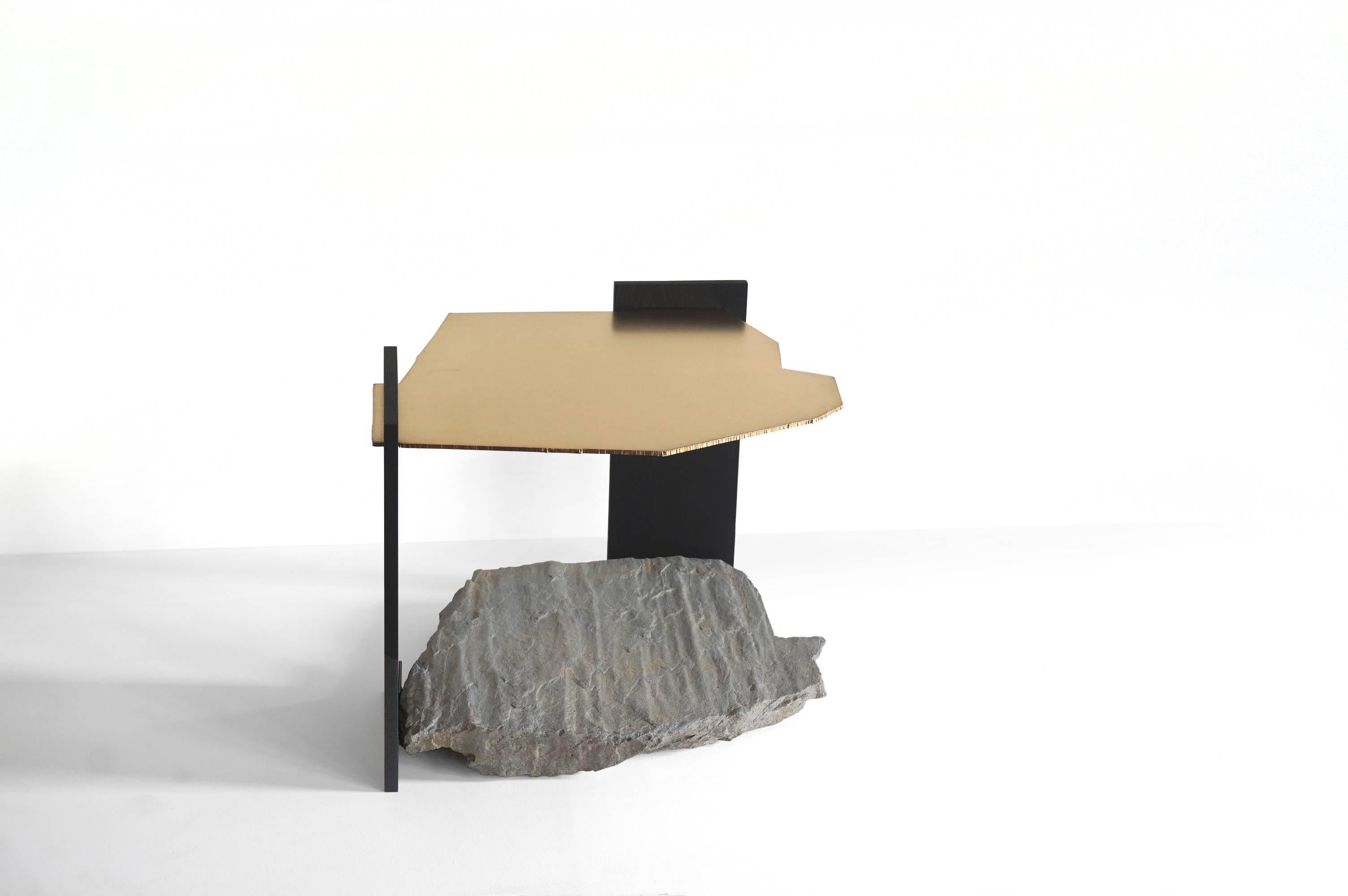 Canadian Missisquoi 02 Side Table, in Gold Plating, Natural Stone and Ash by Simon Johns