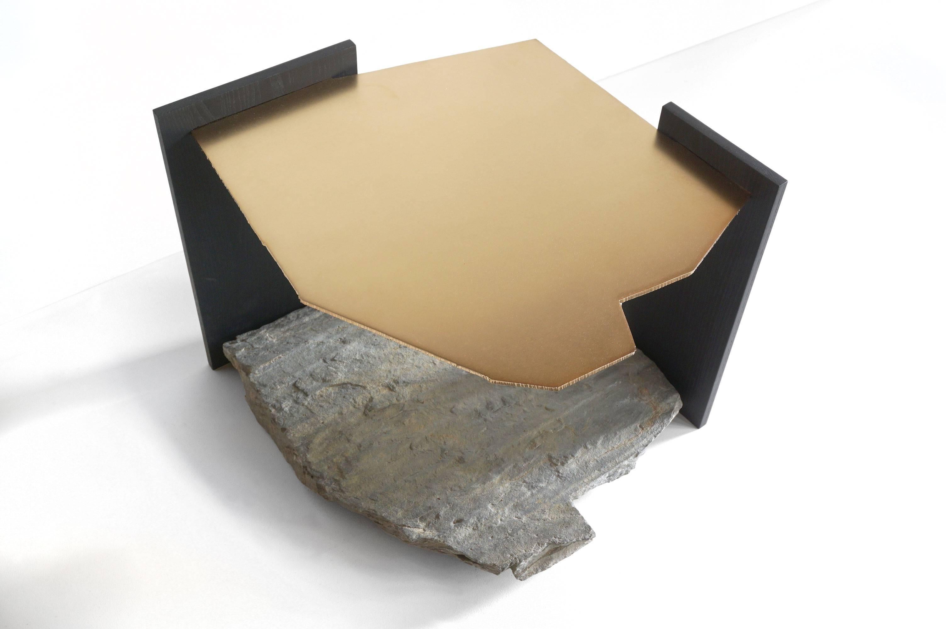 Dyed Missisquoi 02 Side Table, in Gold Plating, Natural Stone and Ash by Simon Johns