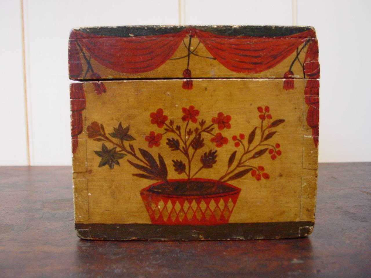 Folk Art Maine Yellow and Polychrome Decorated Box For Sale