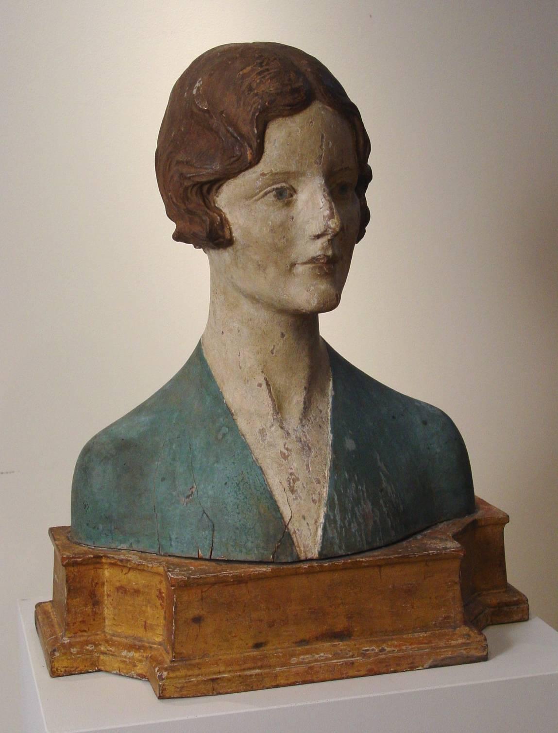 Art Deco Carved and Polychrome Painted Portrait Bust of a Lady For Sale