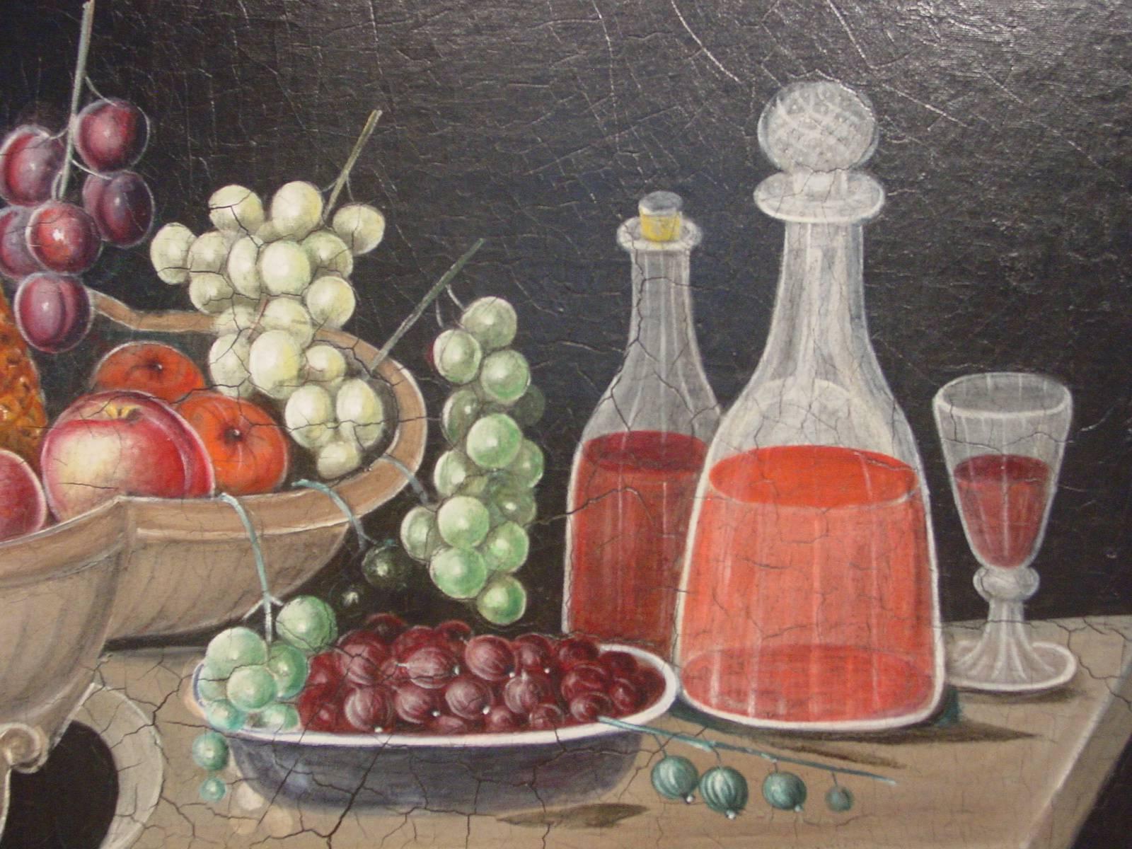 Still Life with Fruit, Cheese, Cakes, Wine, Milk and Peppermint Sticks In Excellent Condition For Sale In New Hope, PA