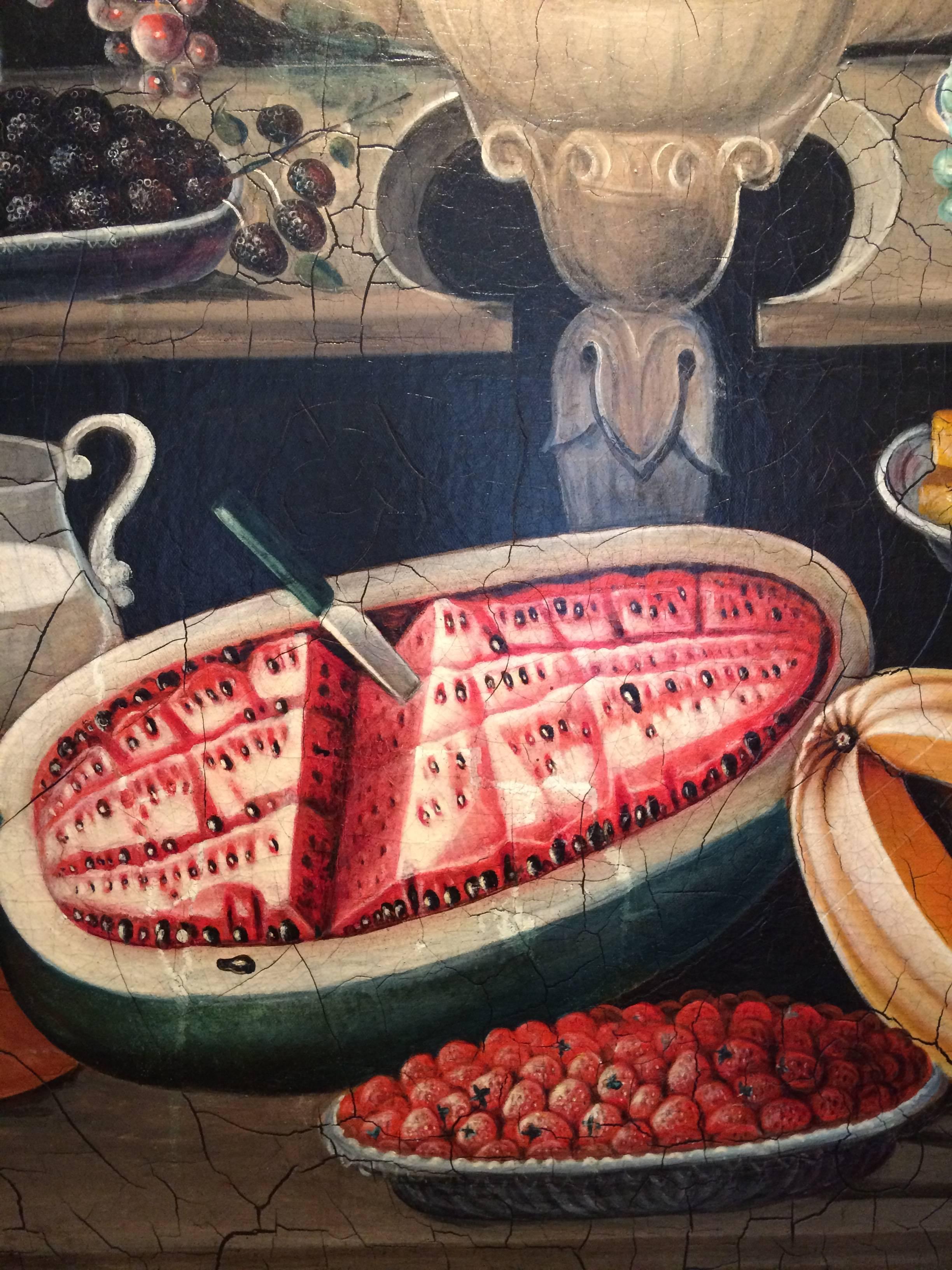 Canvas Still Life with Fruit, Cheese, Cakes, Wine, Milk and Peppermint Sticks For Sale