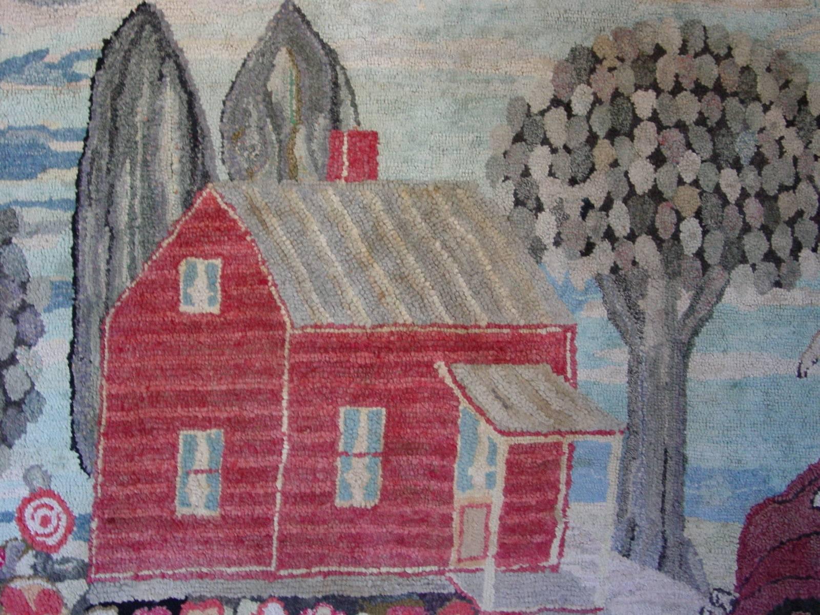 Folk Art Pictorial Hooked Rug Depicting a Cottage by a Lake For Sale