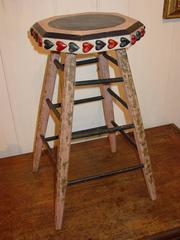 Polychrome-Decorated Stool with Applied Carved Hearts