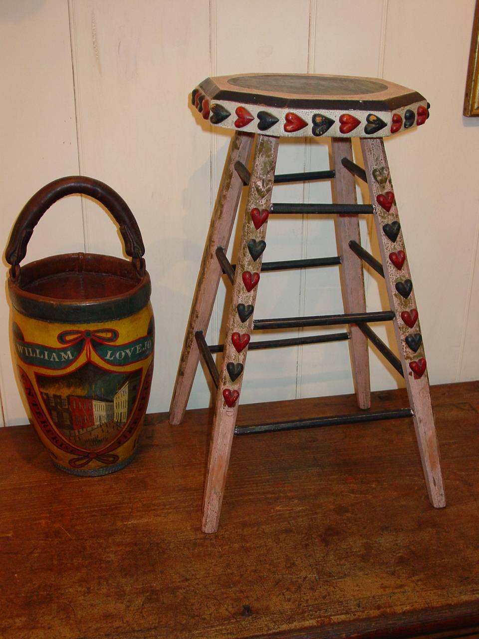 American Polychrome-Decorated Stool with Applied Carved Hearts For Sale