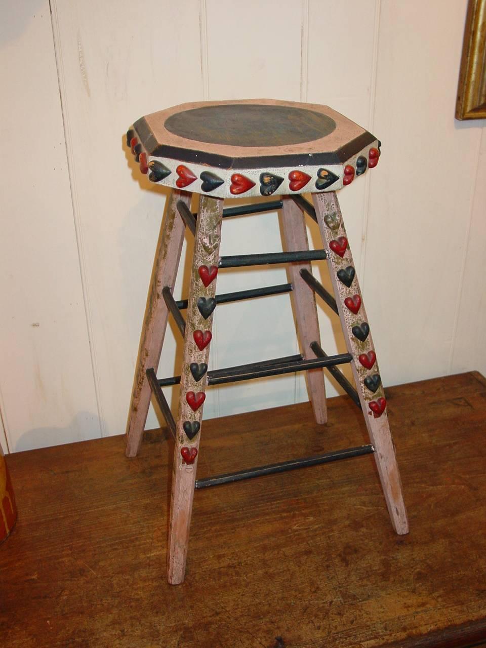 Folk Art Polychrome-Decorated Stool with Applied Carved Hearts For Sale