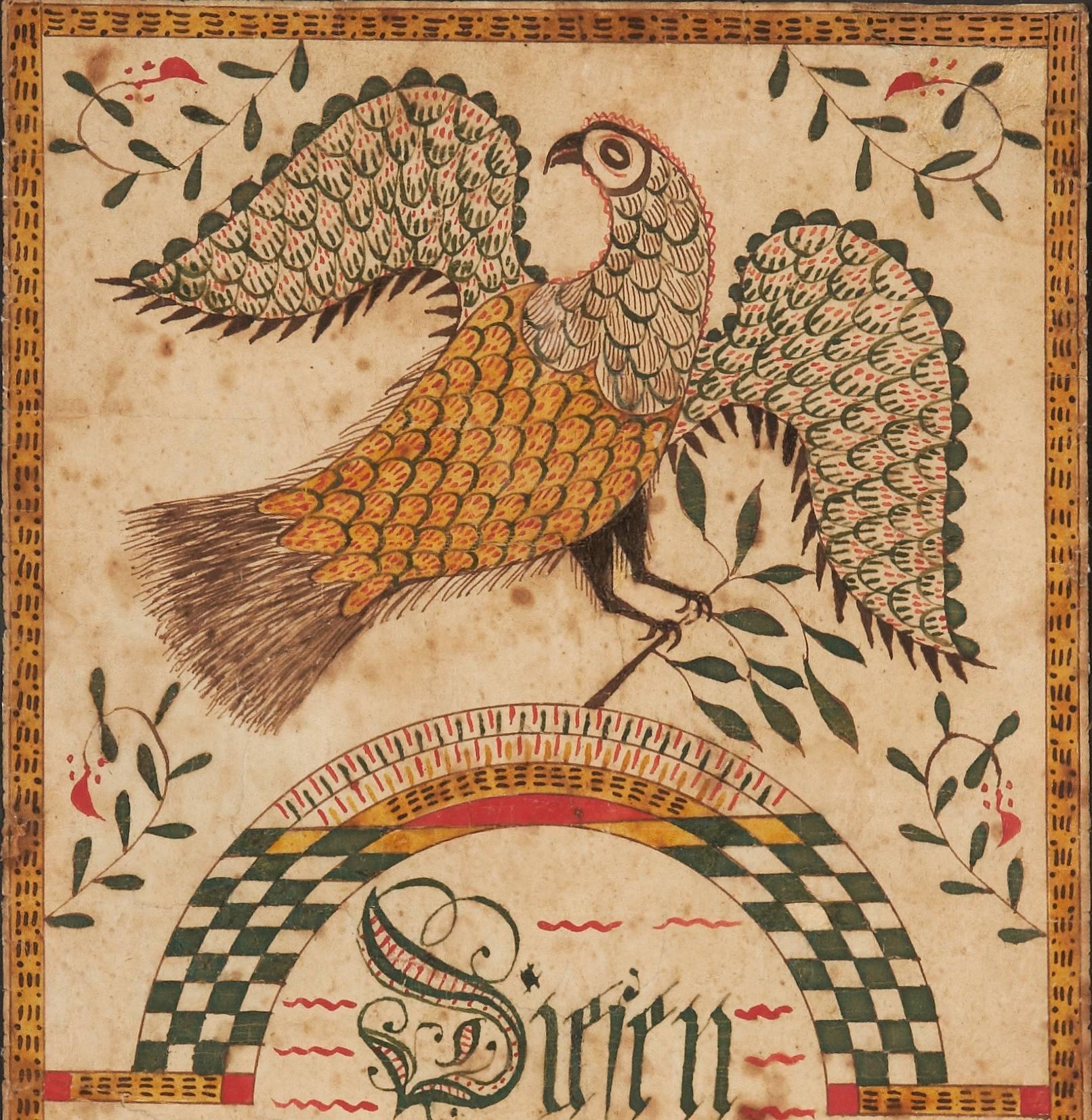 Depicting a spread wing eagle holding a leafy branch above a decorated arc, this fraktur is attributed to the Northampton County Artist (active circa 1816-1837), Upper Milford Township Northampton County, Pennsylvania and is dated 