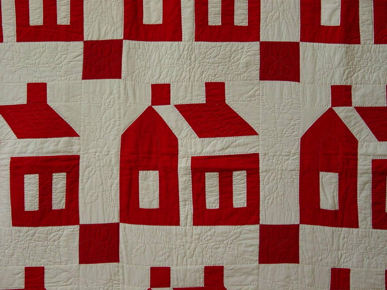 Folk Art White and Red Schoolhouse Quilt with Crisp Houses For Sale