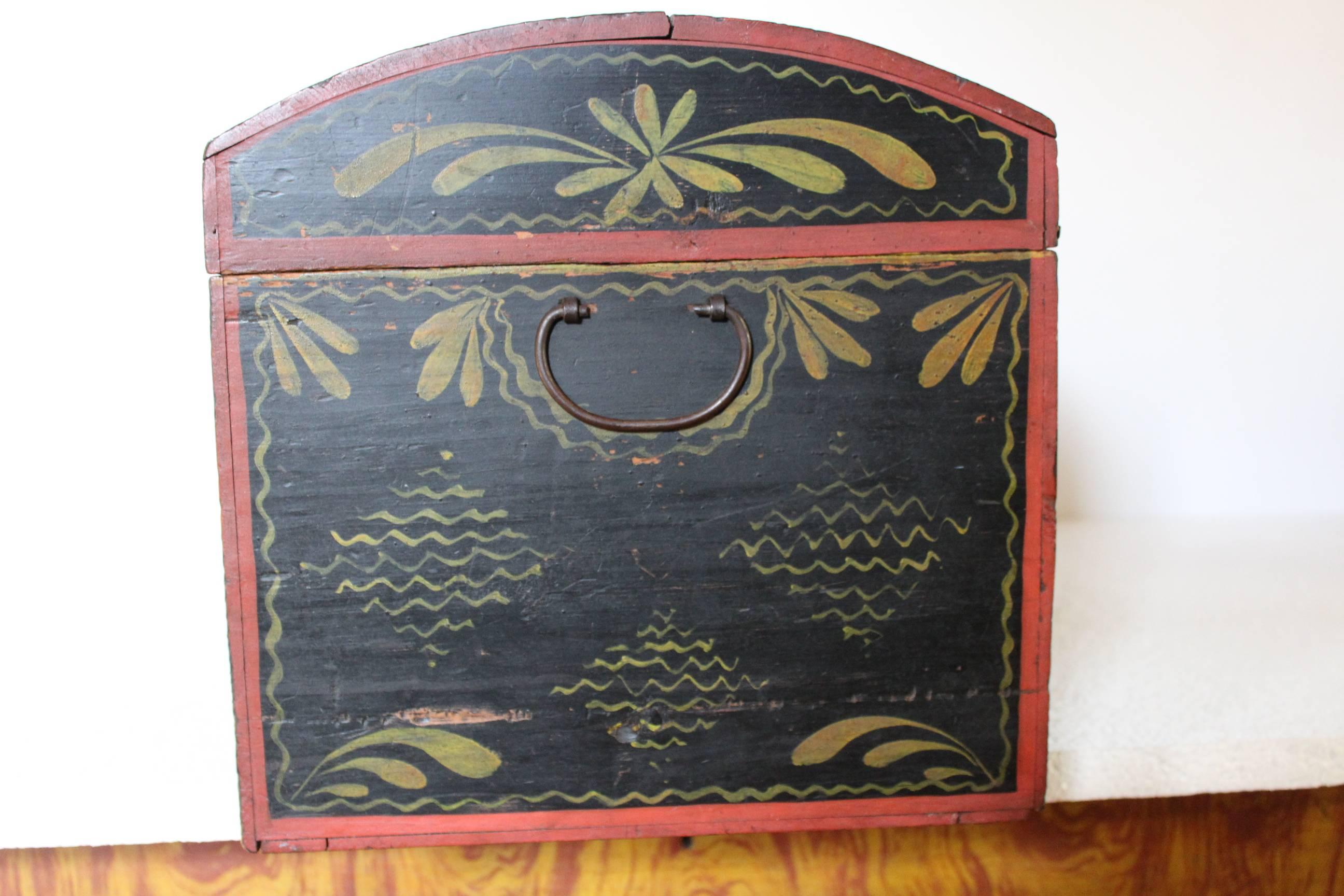 Cast Black and Polychrome Decorated Dome-Top Trunk For Sale