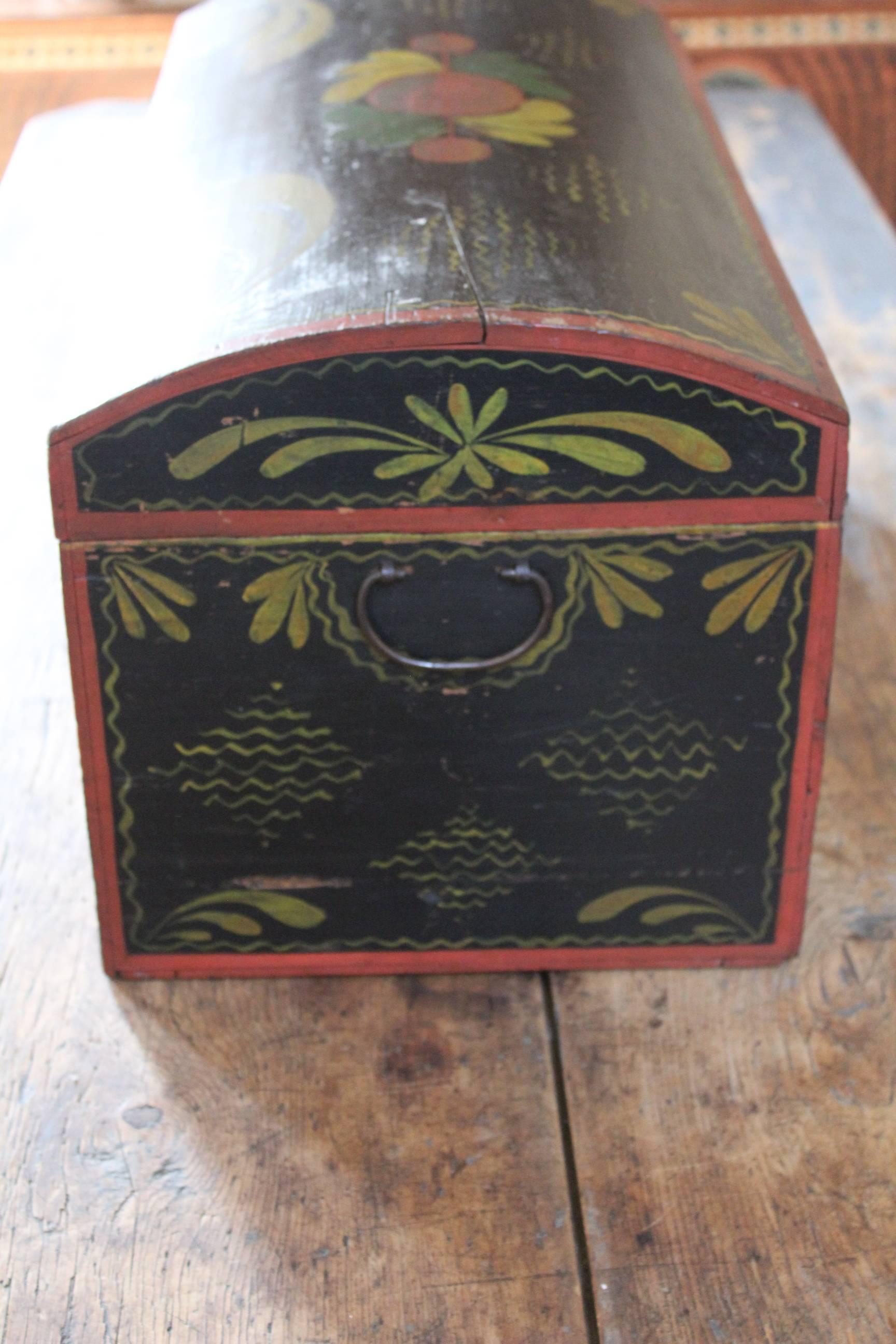 Early 19th Century Black and Polychrome Decorated Dome-Top Trunk For Sale