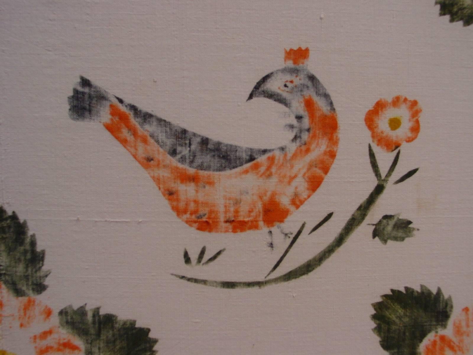 Painted Stenciled Bedcover with Birds, Fruit and Flowers For Sale