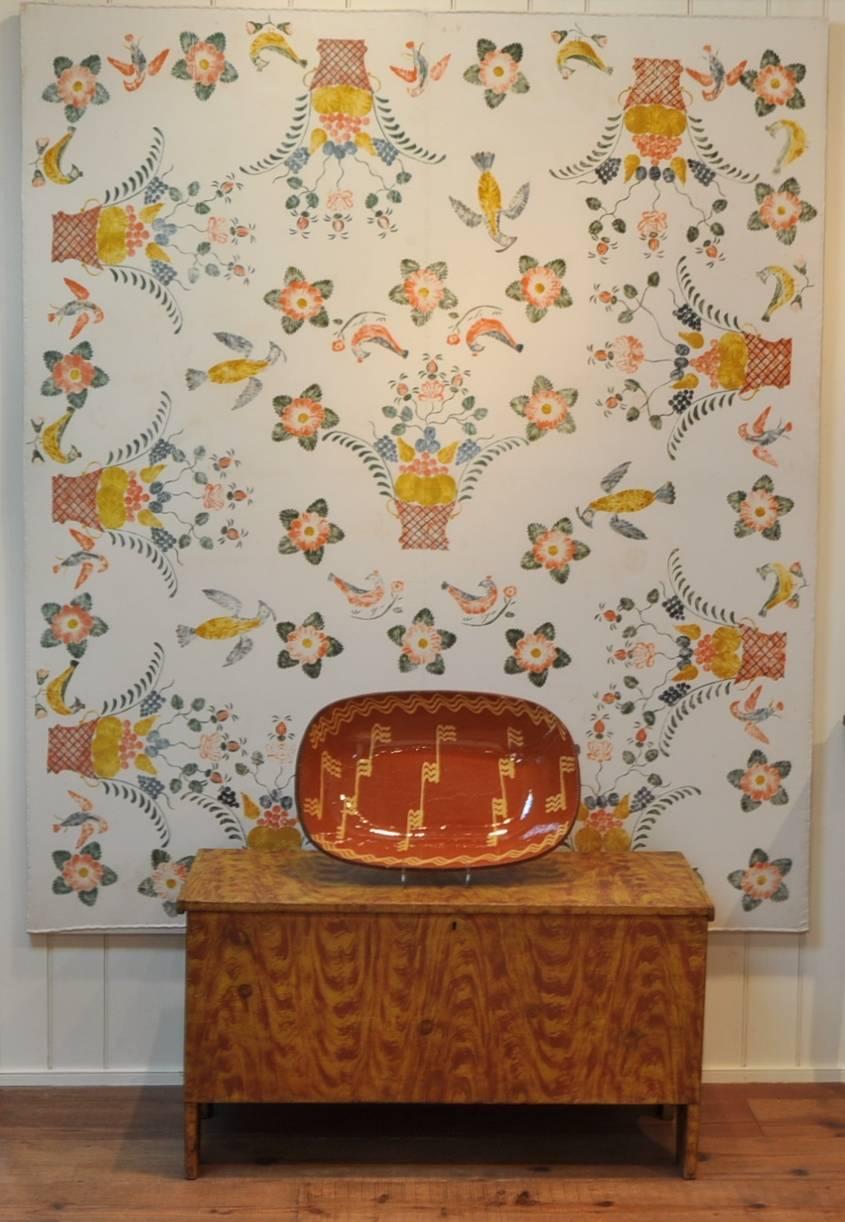 Folk Art Stenciled Bedcover with Birds, Fruit and Flowers For Sale