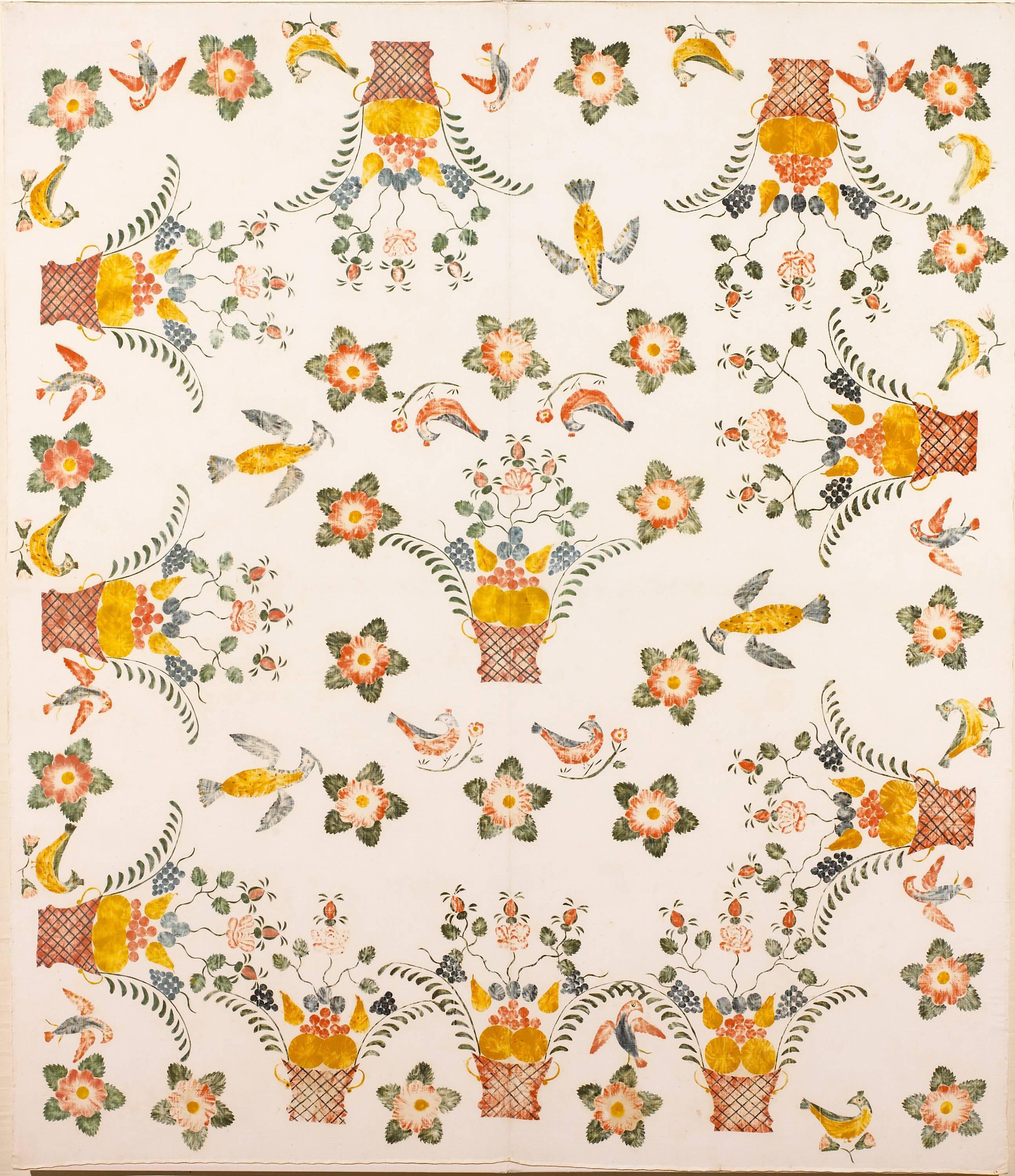 A rare bedcover stenciled all-over in polychrome paint, probably made in Maine with family history into Massachusetts, initialed 