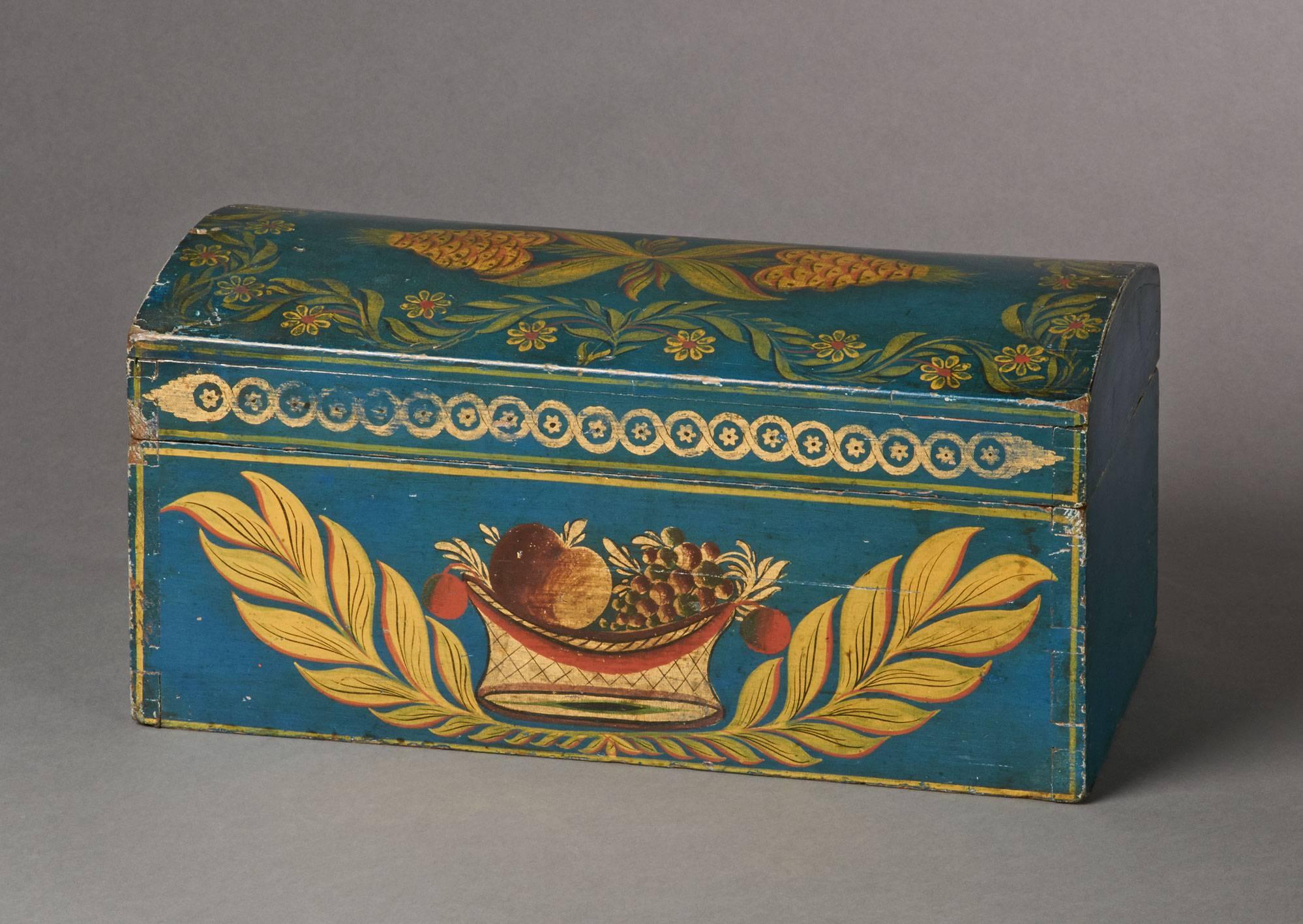 Folk Art Blue, Gold and Polychrome-Decorated Dome-Top Box For Sale