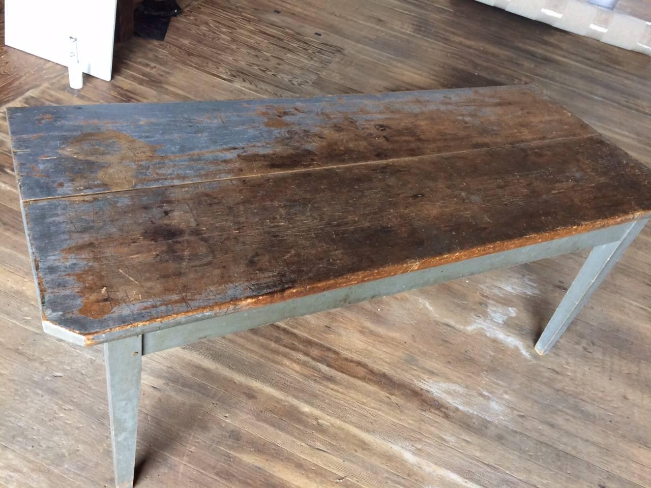 Folk Art Blue-Grey Painted Pine Farm Table with Scrubbed Top