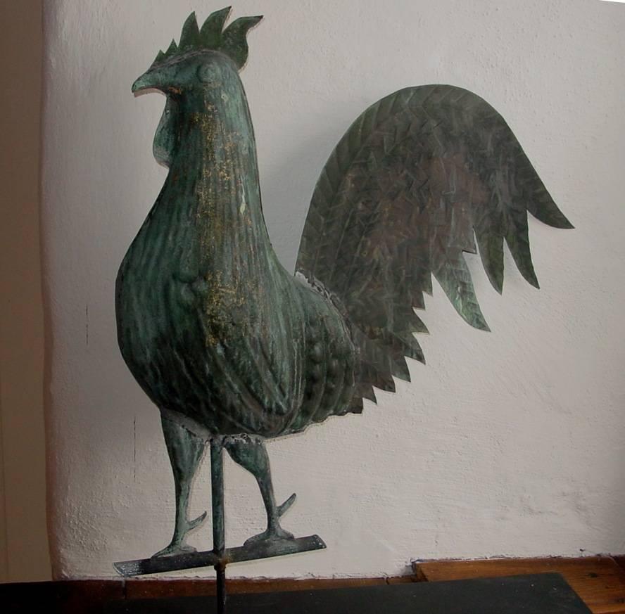Folk Art Molded Copper Rooster Weathervane For Sale