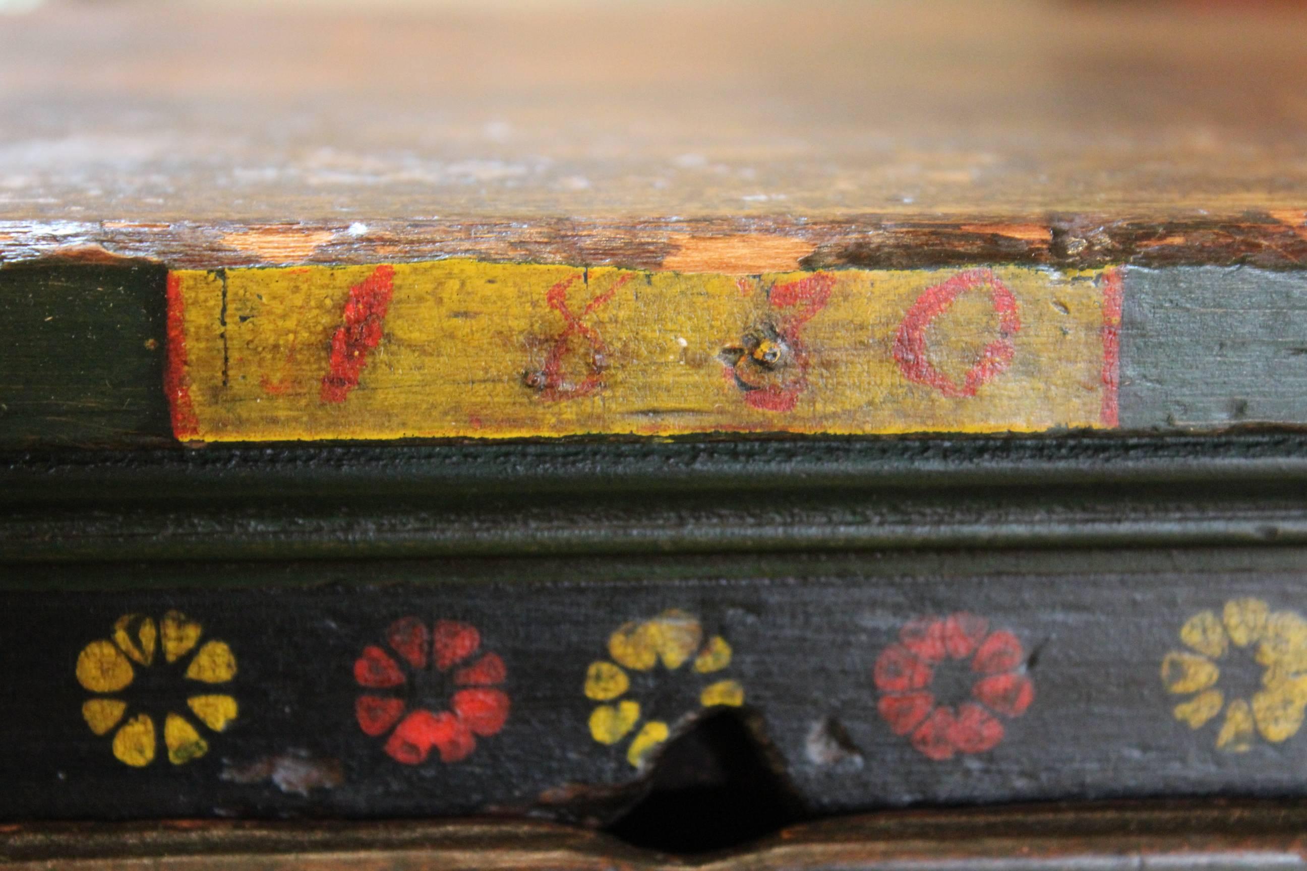 Folk Art Green-Painted and Polychrome-Decorated Four-Drawer Chest For Sale