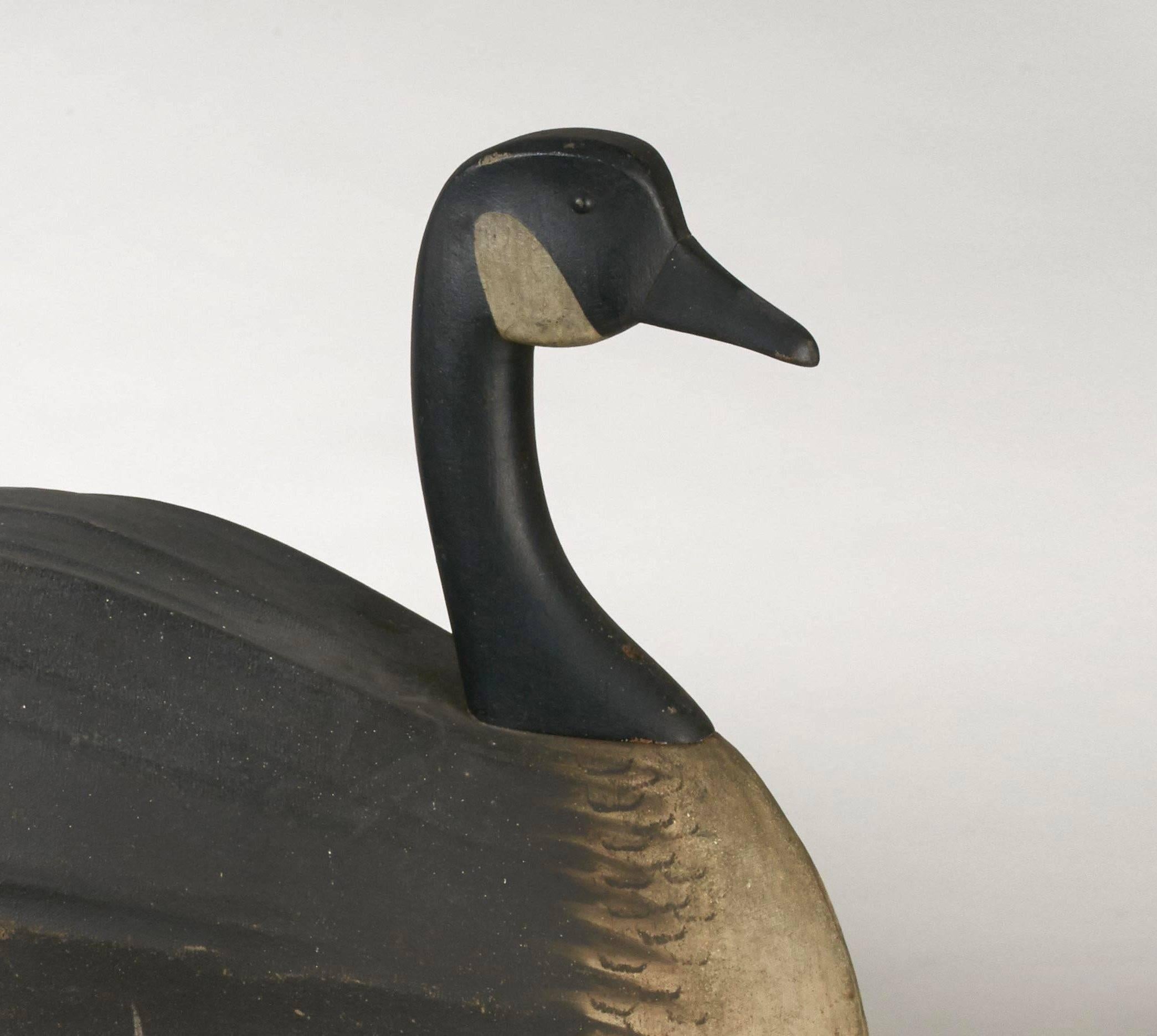 A rare, oversized painted canvas-covered slat Canada goose decoy by Joseph Lincoln (1859-1938), Accord (Hingham), Massachusetts. 

Geese and Brant were highly sought waterfowl by sport hunters on Cape Cod in the late 19th and early 20th centuries.