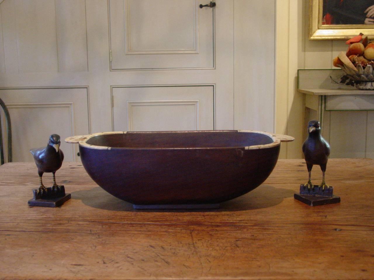 Folk Art Sailor-Made Carved Hardwood Bowl with Bone Handles For Sale