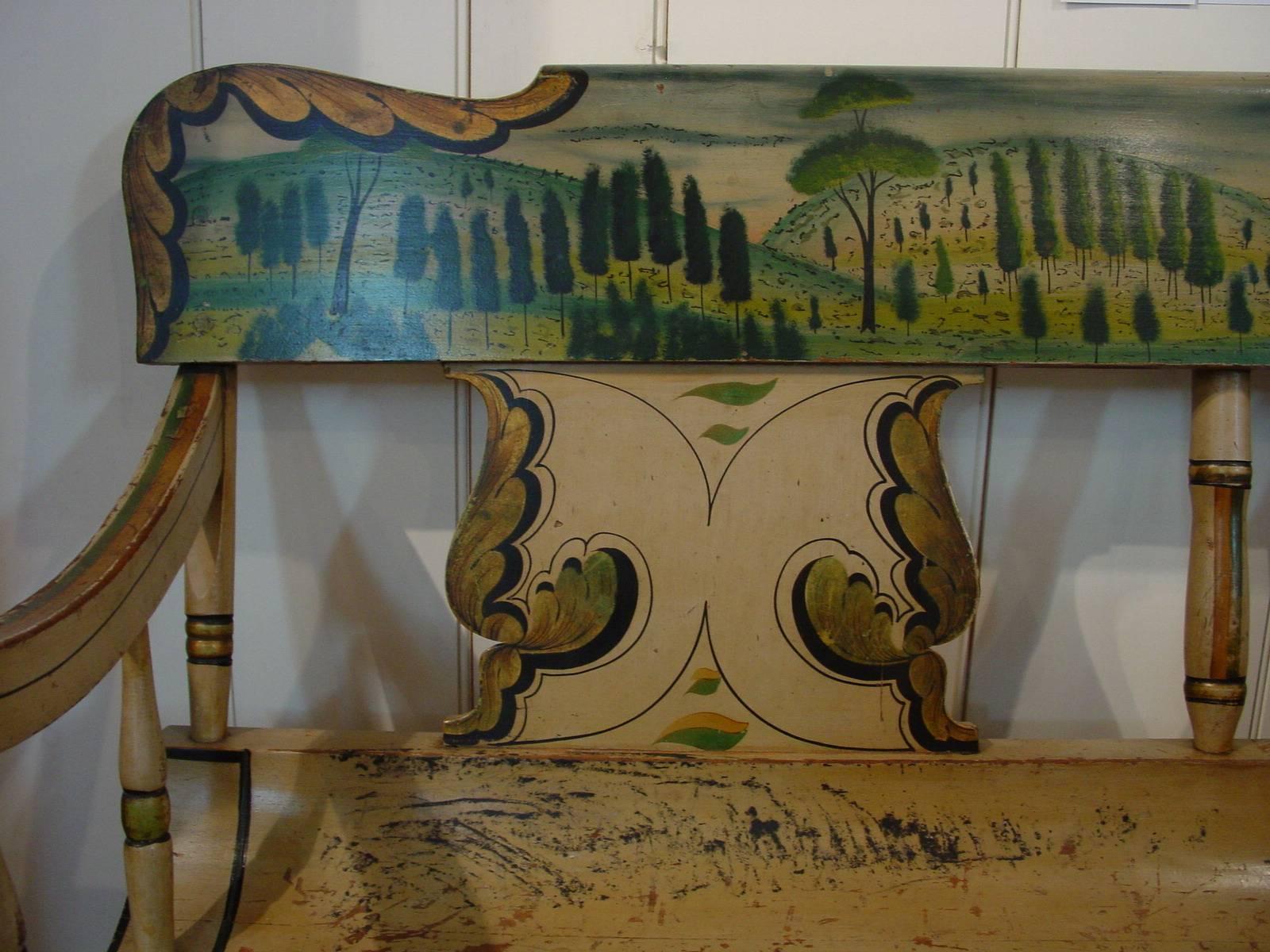 American Classical Pennsylvania Polychrome-Decorated Tablet-Top Windsor Settee For Sale