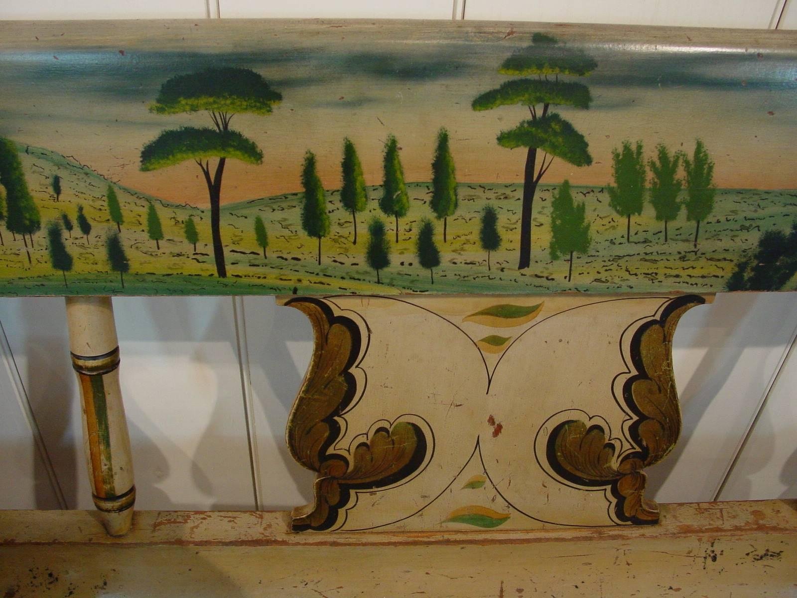 Hand-Painted Pennsylvania Polychrome-Decorated Tablet-Top Windsor Settee For Sale