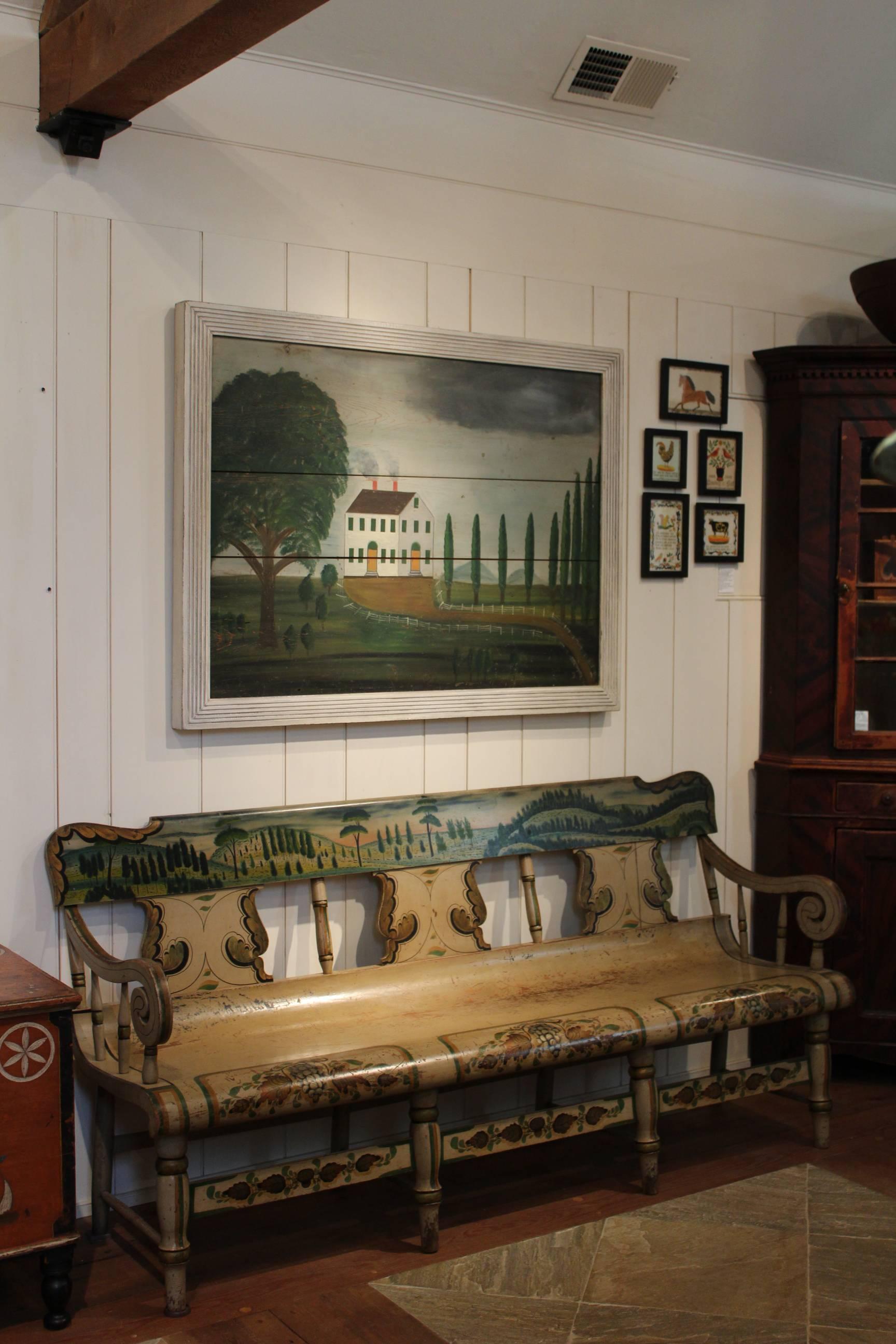 Mid-19th Century Pennsylvania Polychrome-Decorated Tablet-Top Windsor Settee For Sale